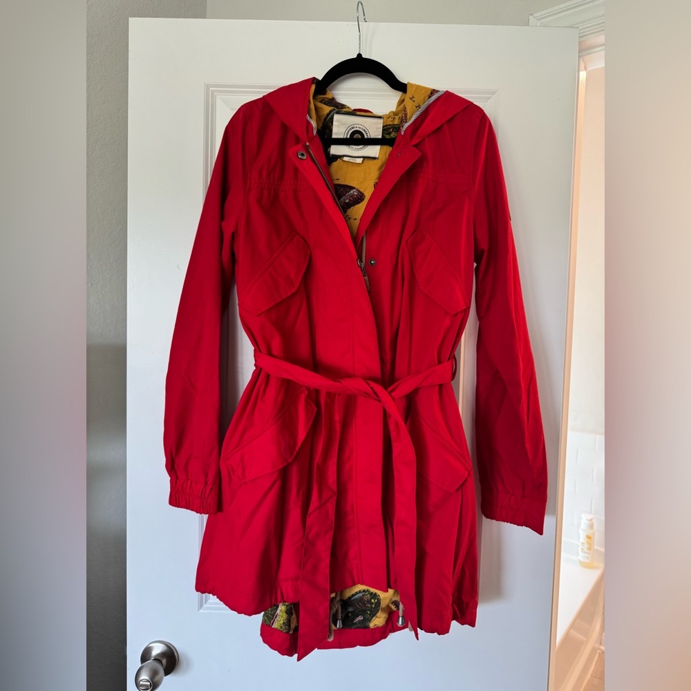 Red Hooded Women's Rain Coat with Self Tie Belt